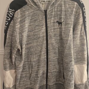 PINK Gray and White Zip-Up Hoodie
